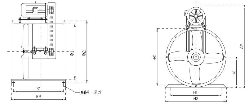 玻璃钢电机外接式轴流风机安装尺寸示意图
